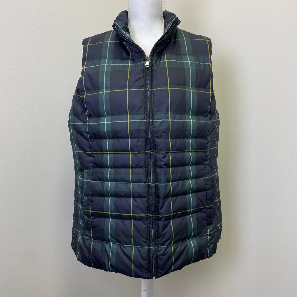 Talbots Women Black Watch Plaid Down Puffer Vest Navy Green Chevron Quilt